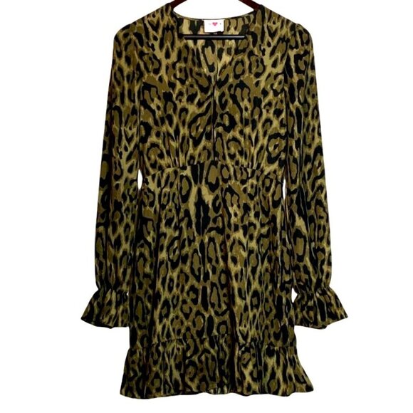 Buddy Love Olive Green Leopard Print Long Sleeve Ruffle Hem Dress Size S V-Neck - Picture 1 of 6